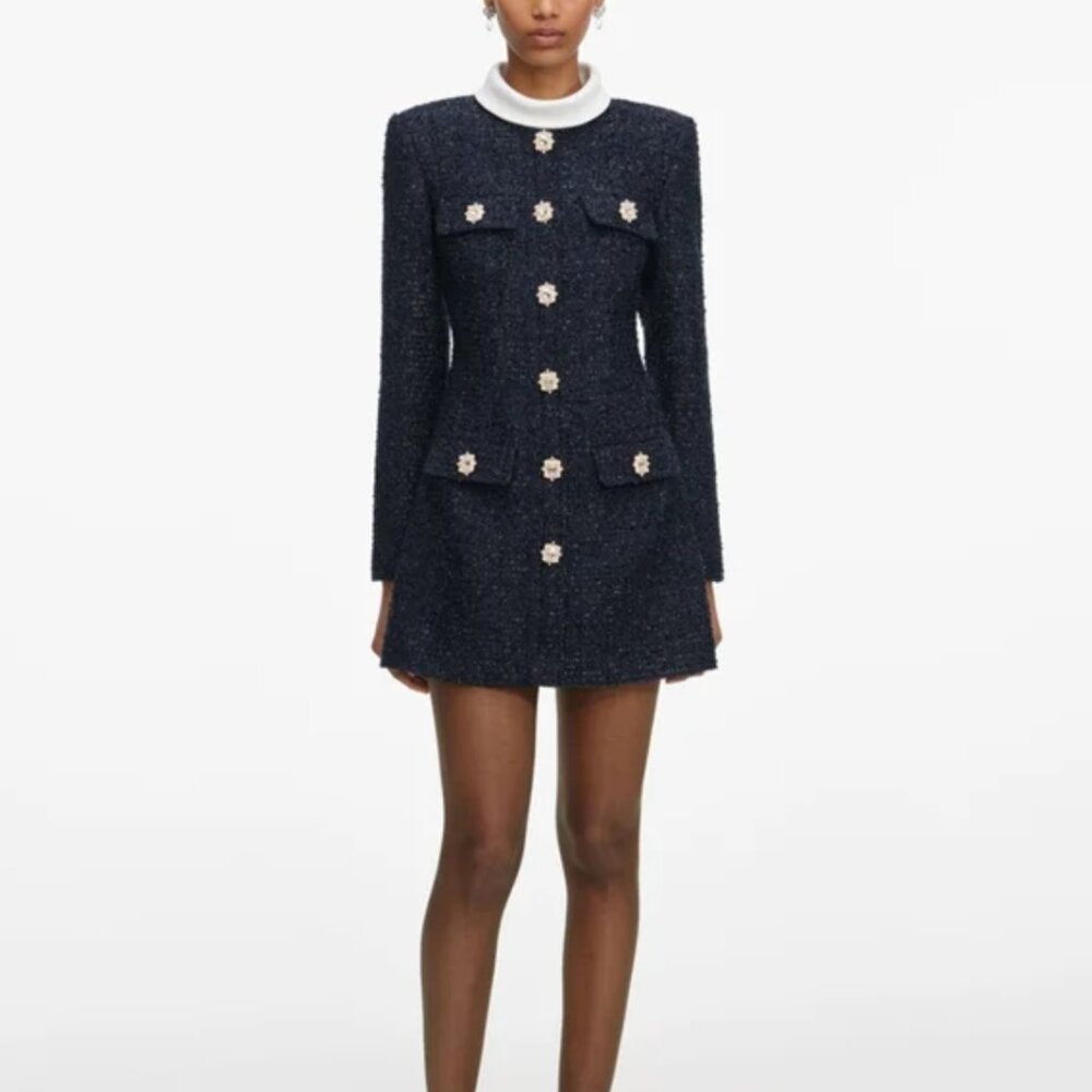 Self-Portrait Navy Bouclé Mini Dress
Tweed with White Details